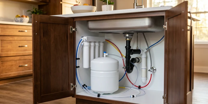 Reverse osmosis filter system installed under a kitchen sink with the cabinet door open
