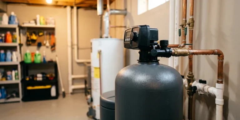 Water softener control valve and resin tank in a clean basement utility room