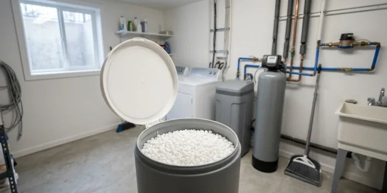 Open salt pellet container in a tidy basement utility room next to a water softener