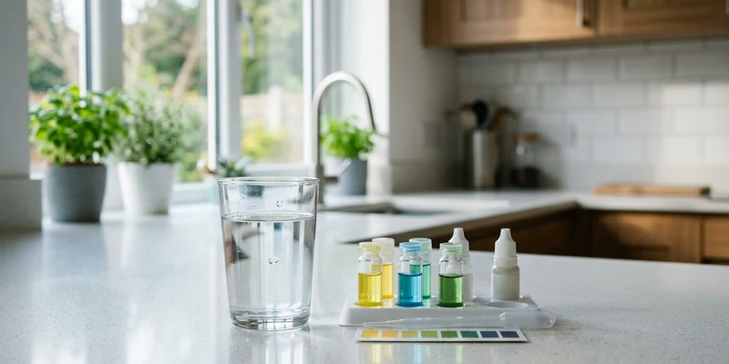 Water test kit vials next to a clear glass of water on a kitchen counter