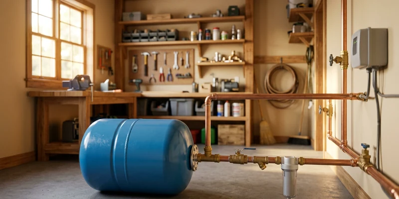 Well pressure tank and copper piping in a clean well house or basement utility room