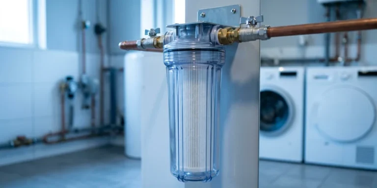 Whole house water filter housing mounted on a wall in a tidy utility room