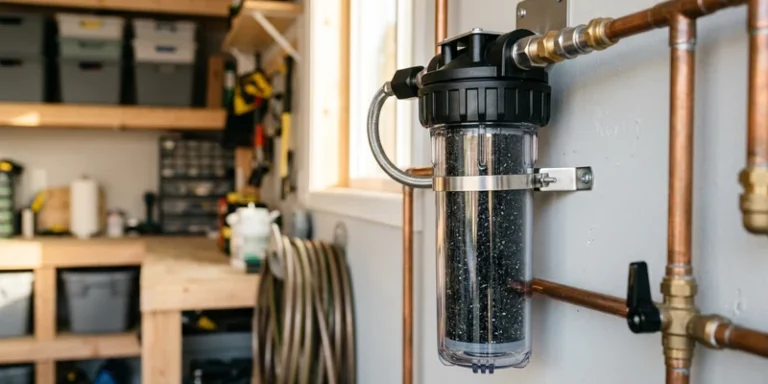 Carbon filter cartridge housing mounted in a clean garage utility area
