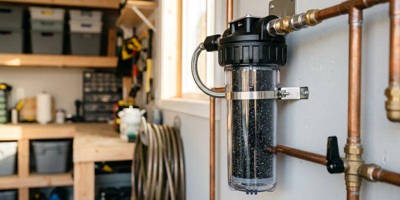 Carbon filter cartridge housing mounted in a clean garage utility area