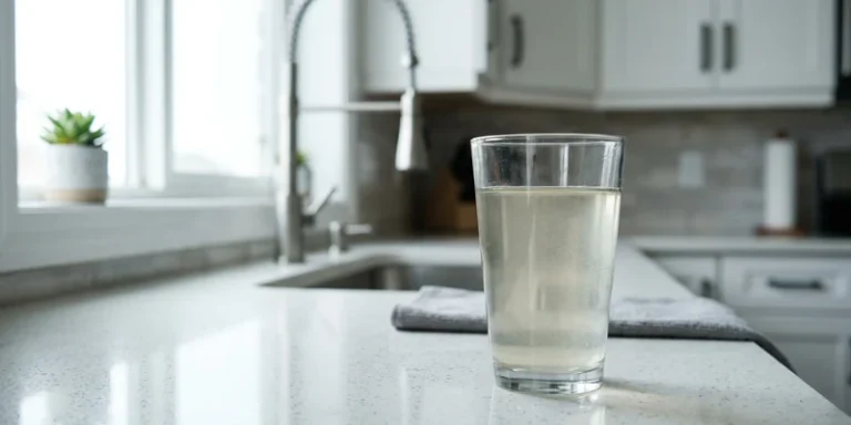 Glass of slightly cloudy water on a kitchen counter near the sink