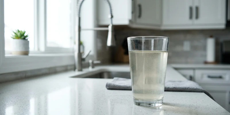 Glass of slightly cloudy water on a kitchen counter near the sink