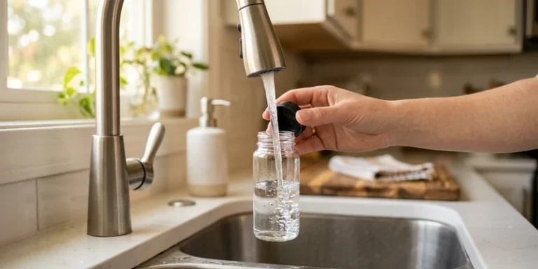 Hand filling a small water sample bottle at a kitchen sink faucet