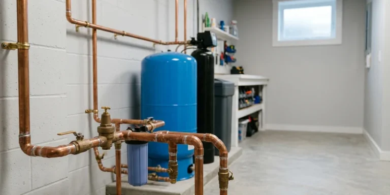 Basement utility room showing a well pressure tank, water softener, and copper piping