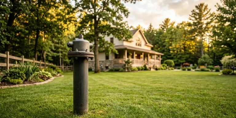 Capped well casing pipe standing in a well kept rural backyard lawn