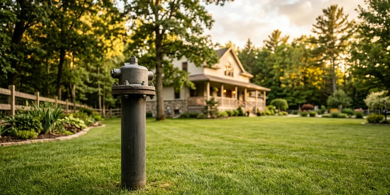 Capped well casing pipe standing in a well kept rural backyard lawn