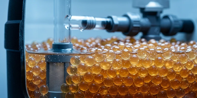 Close-up of amber resin beads inside a water softener tank