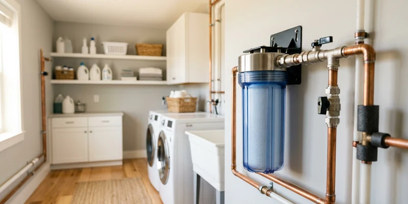Salt-free water conditioner cartridge mounted on a wall in a tidy laundry room