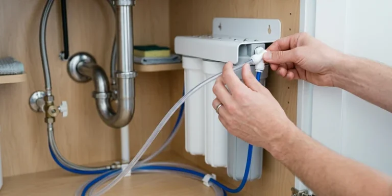 Hands connecting tubing to a reverse osmosis filter unit under a kitchen sink