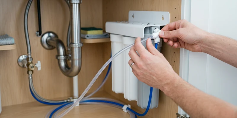 Hands connecting tubing to a reverse osmosis filter unit under a kitchen sink