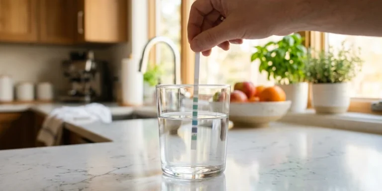 Test strip dipped into a glass of water on a kitchen counter