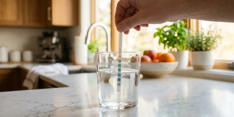Test strip dipped into a glass of water on a kitchen counter