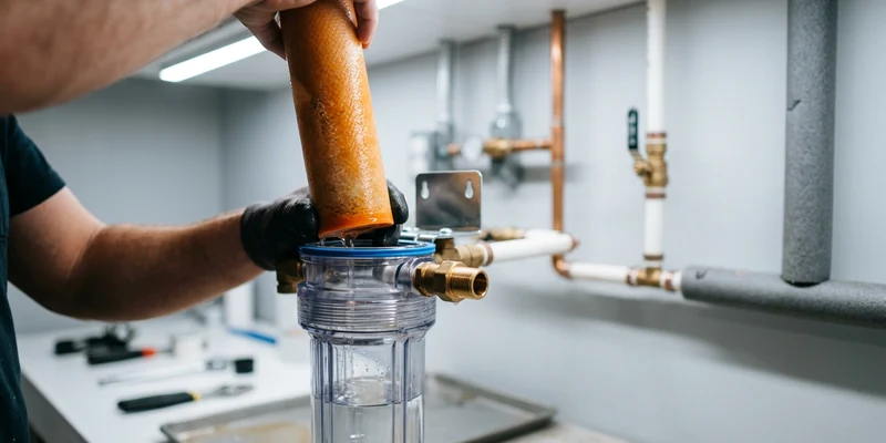 Orange iron-stained filter cartridge being removed from a clear housing