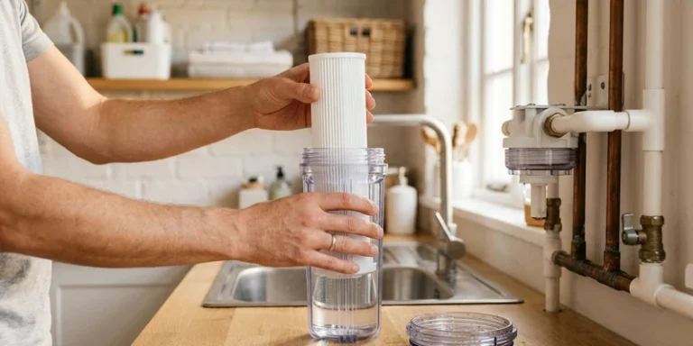 Hands installing a fresh white filter cartridge into a clear housing