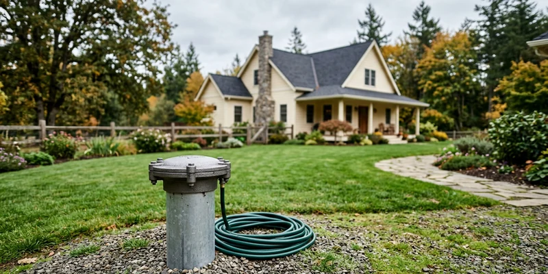 Well casing pipe in a tidy rural backyard with a garden hose nearby