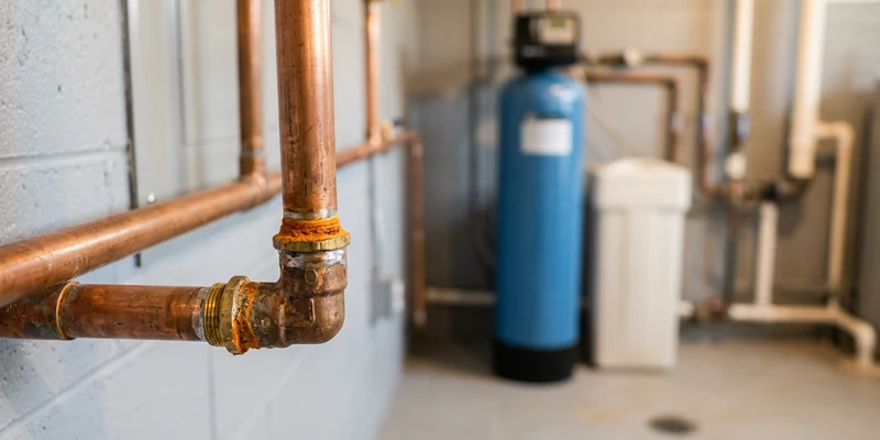 Copper pipe fitting with orange-brown residue in a basement utility room