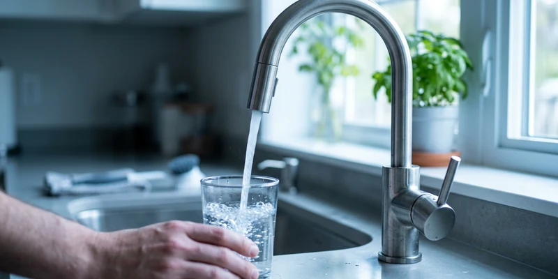 Modern kitchen faucet running water into a clear glass