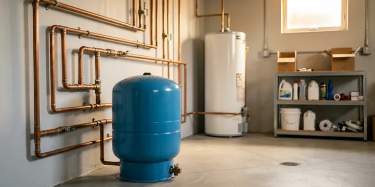 Well pressure tank and looping copper pipes in a clean basement utility room