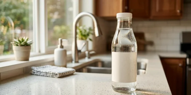 A clear glass sample bottle of clean drinking water sitting on a tidy kitchen countertop near a modern faucet, used to illustrate testing well water for nitrate.
