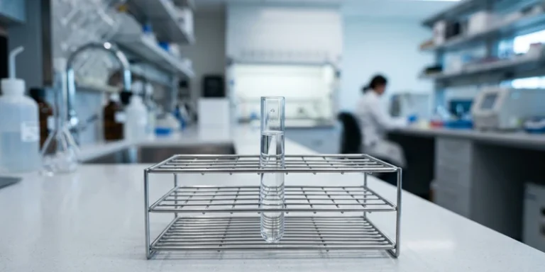 A glass laboratory test tube of clear water in a metal rack inside a clean modern lab, representing PFAS water testing.
