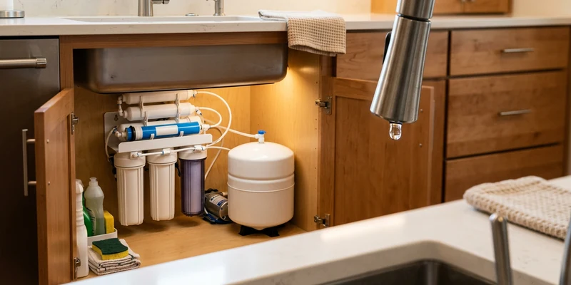 A modern reverse osmosis filter system installed neatly under a kitchen sink with a faucet dispensing a drop of water.
