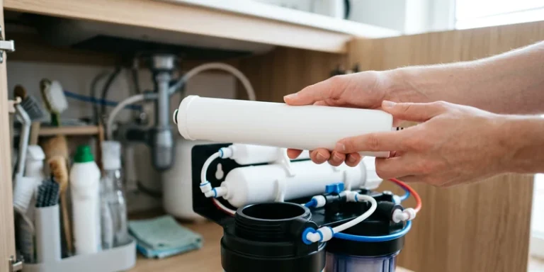 Close-up of hands holding a new reverse osmosis membrane cartridge above an open under-sink filter housing.