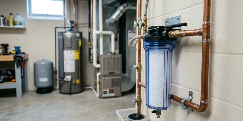 A clean sediment filter housing with a clear cartridge mounted on copper piping in a tidy basement utility room.
