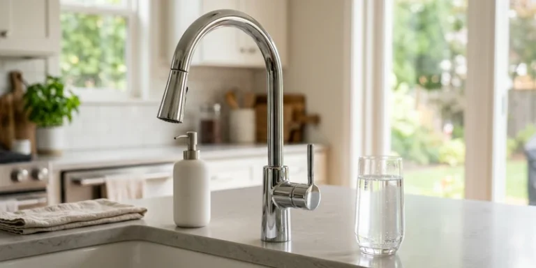 A modern kitchen faucet with a glass of clear water on a clean countertop, representing signs of hard water in the home.
