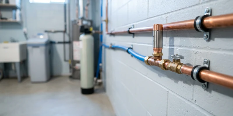 Close-up of copper and PEX water pipes with a water hammer arrestor fitting mounted on a wall in a basement utility room.