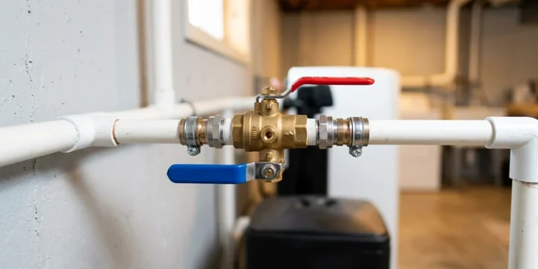 Close-up of a water softener bypass valve with red and blue handles mounted on plumbing pipes in a utility room.