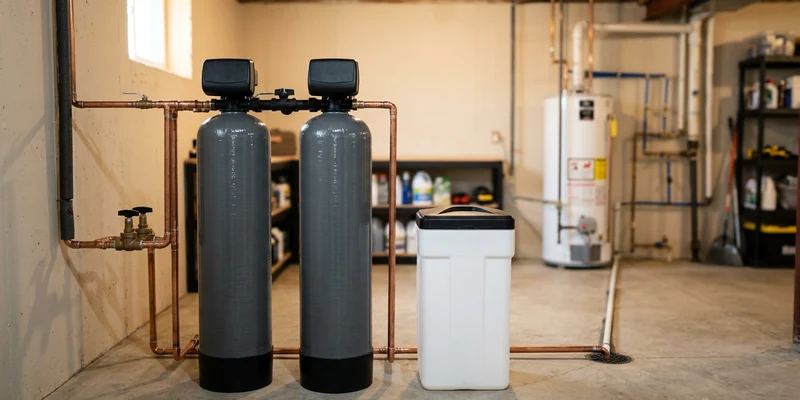 A twin-tank water softener system freshly installed in a clean, organized basement utility room.