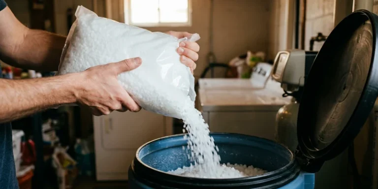 Hands pouring salt pellets into the open top of a water softener brine tank in a tidy utility room.