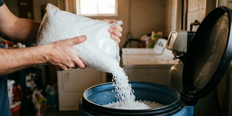 Hands pouring salt pellets into the open top of a water softener brine tank in a tidy utility room.
