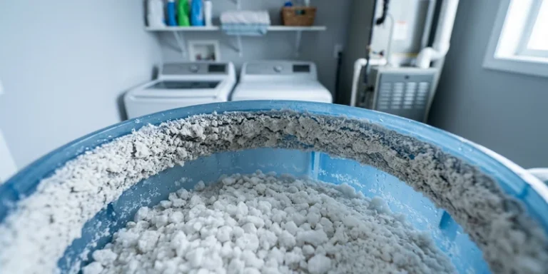 Top-down close-up view into an open water softener brine tank showing a crusted salt layer near the top.