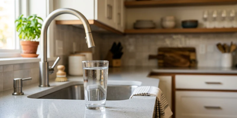 A clear glass of water on a clean kitchen countertop near a stainless steel faucet.