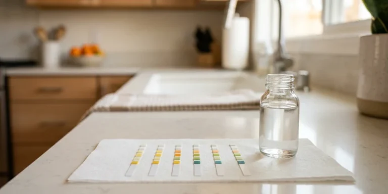 Water test strips laid out beside a small clear glass water sample bottle on a kitchen countertop.
