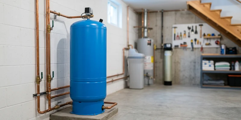 A blue well pressure tank standing in a clean, organized basement utility room with copper piping.