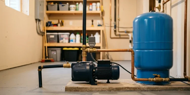 A well pump and pressure tank setup in a tidy basement utility room.