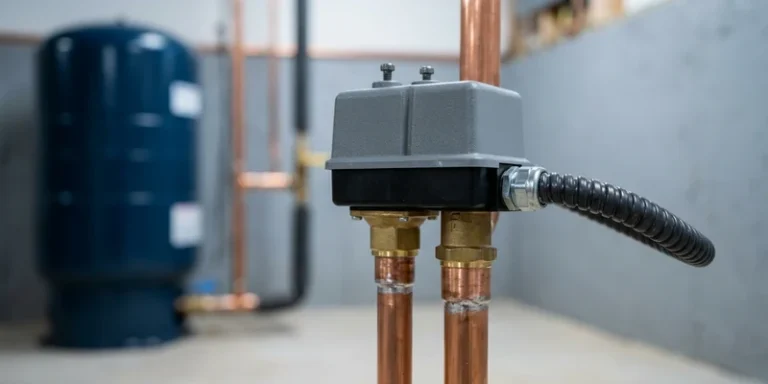 Close-up of a pressure switch mounted on copper piping near a well pressure tank in a utility room.