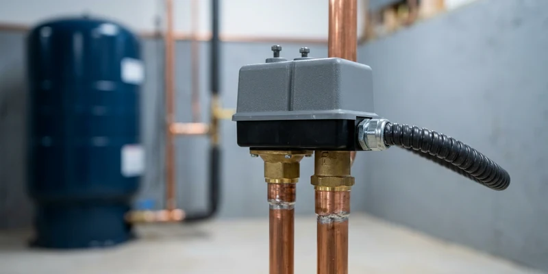Close-up of a pressure switch mounted on copper piping near a well pressure tank in a utility room.