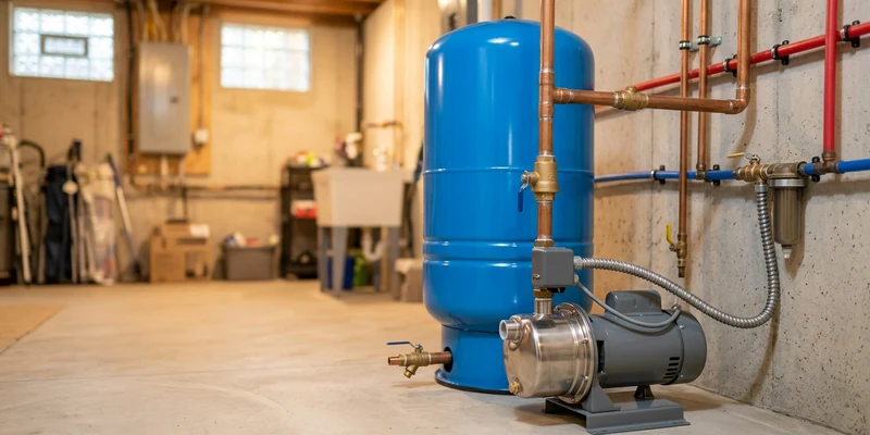 A well pump and blue pressure tank system in an organized basement utility room.