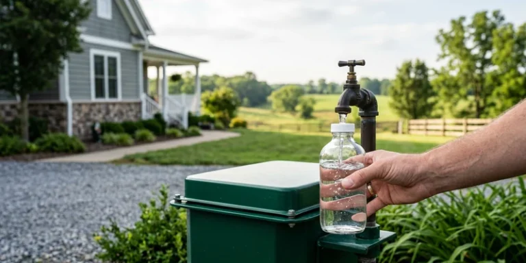 A hand holding a clear glass water sample bottle beneath an outdoor well spigot on a rural property.