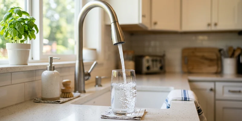 A glass of clear water being poured from a modern kitchen faucet.