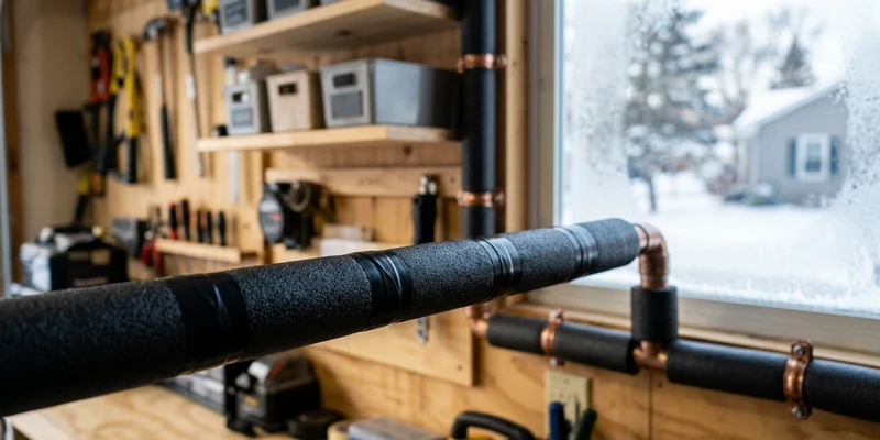 Close-up of foam pipe insulation wrapped around water pipes in a garage with a frosty window in the background.